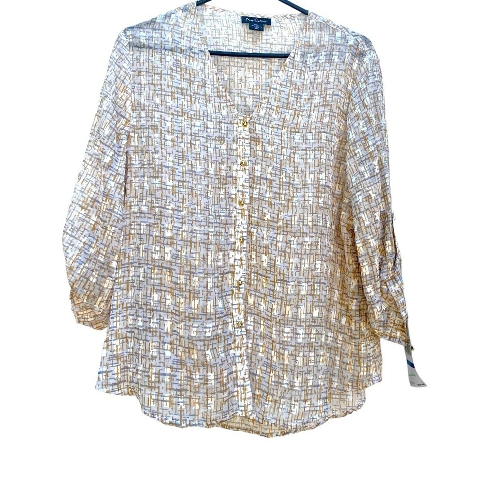Nue Options Blouse Crinkle Button Down White Mettalic Gold Buttons XL Petite NEW
